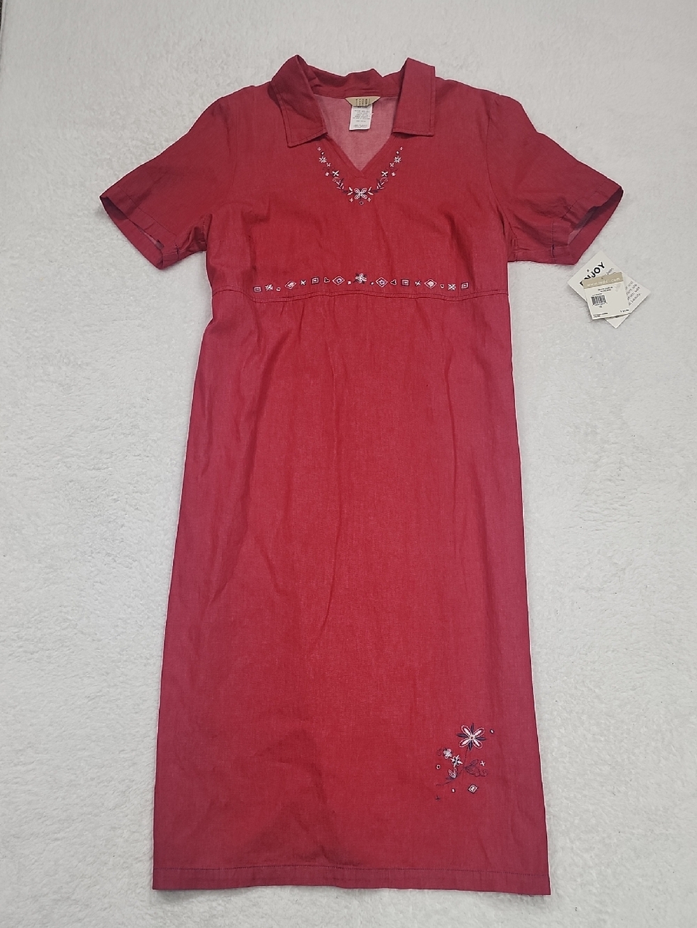 Vintage Teddi Red Denim Darlin Embroidered Short Sleeve Dress Rare Midi NWT